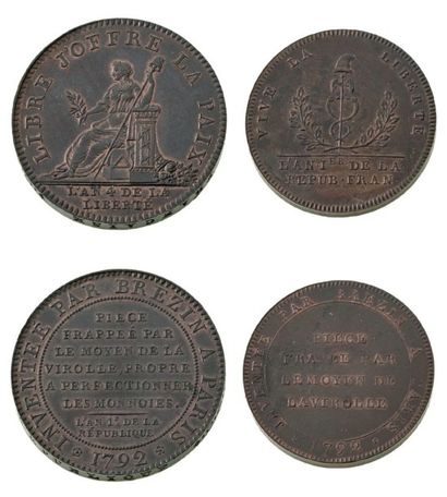 null 1792.
Essai de Brézin: 3 exemplaires (5 sols, 2 sols, demi sol).
Bronze.
V.G....