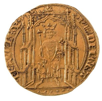 null Double d'or (6 avril 1340). 6,75 g.
Le Roi assis sur un trône gothique à baldaquin,...