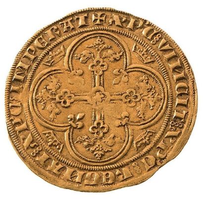 null Double d'or (6 avril 1340). 6,75 g.
Le Roi assis sur un trône gothique à baldaquin,...