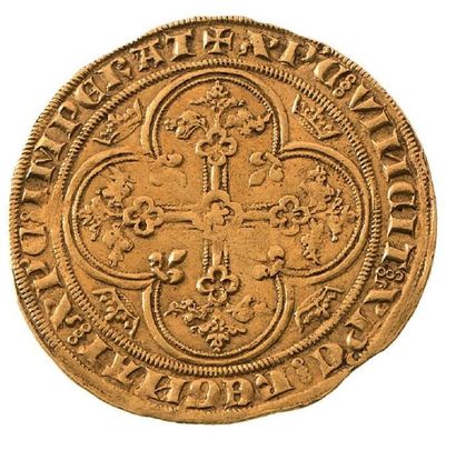 null Ange d'or. 2e émission, 8 août 1341. 6,37 g.
L'archange Saint Michel debout...