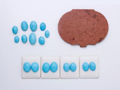 null Lot composé de 17 cabochons de turquoise sur papier. On y joint une plaque en...