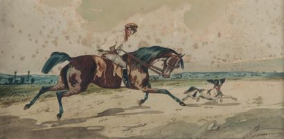 Jonny AUDY (act 1850 - 1880) 
Cavalier et chien
Aquarelle sur papier signée en bas...