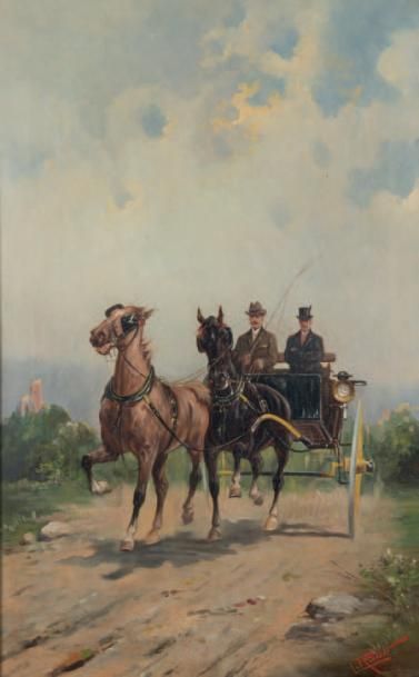 Ecole Française vers 1900 
Calèche a deux chevaux
Huile sur toile signée en bas à...