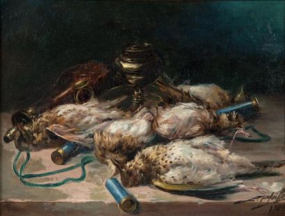 Louis PFEIFFER Nature morte aux grives et poire a poudre
Huile sur toile signée et...