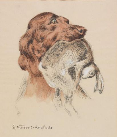 H Vincent ANGLADE (1876 - 1956) 
Setter et lièvre
Braque et faisan
Paire de gravures...