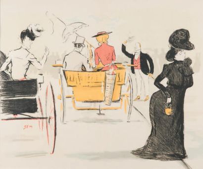 SEM (Georges GOURSAT dit ...) (1863 - 1934) 
Calèche dans la rue
Estampe en couleur,...