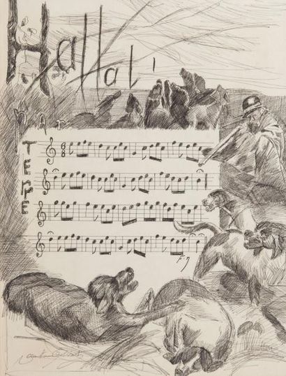 Gaston GELIBERT (1850 - 1931) 
Hallali par terre, fanfare illustrée
Dessin à l'encre...