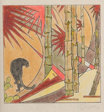 Gaston SUISSE (1896 - 1988) Panthère noire
Gravure sur bois, épreuve rehaussée au...