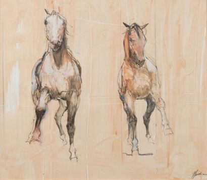 Yvan FREDERIC (XXème - XXIème siècle) Etude de chevaux au pas d'école
Crayon et aquarelle,...