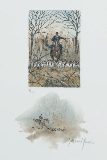 Jacques BERTRAND-ROUVRAIS Veneur et meute sous le fouet
Gravure en couleur numérotée...