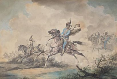 Horace VERNET (Paris 1789 - 1863) 
La charge des hussards
Plume et encre grise, aquarelle...