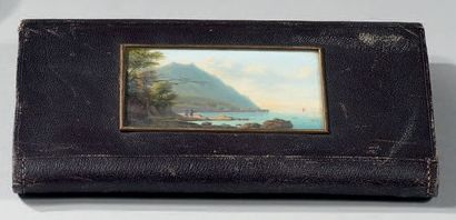 Ecole FRANÇAISE vers 1830 
Promeneurs près d'un lac de montagne
Gouache, montée sur...