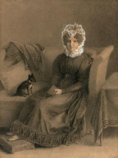 Ecole FRANÇAISE vers 1830 
Portrait d'une femme tenant un livre, un petit chien à...