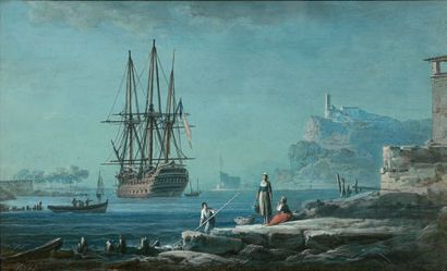 Alexandre Jean NOEL (Brie Comte Robert 1752 - Paris 1834) 
Scène de port
Gouache....
