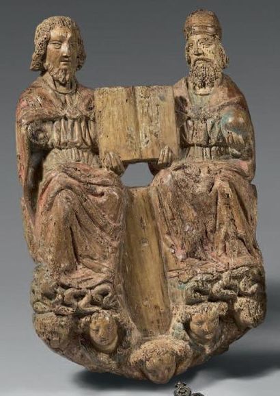 null «Moïse et les Tables de la Loi» en bois sculpté en haut-relief. Moïse et Dieux...