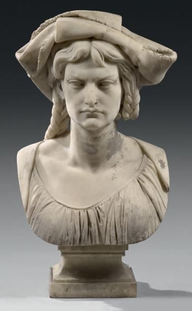 Prosper D'ÉPINAY (1836-1914) 
Buste en marbre blanc de Carrare représentant une femme...