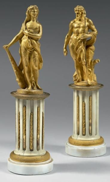 null Paire de groupes en bronze ciselé et doré représentant Hercule et Omphale. Ils...