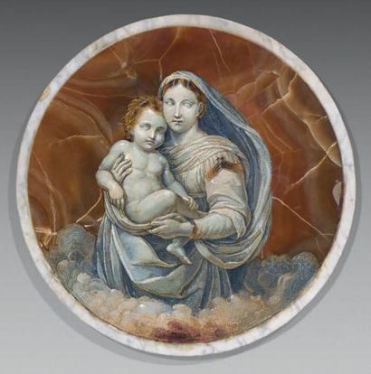 null Médaillon en micro-mosaïque représentant une Vierge à l'enfant dans des nuées...