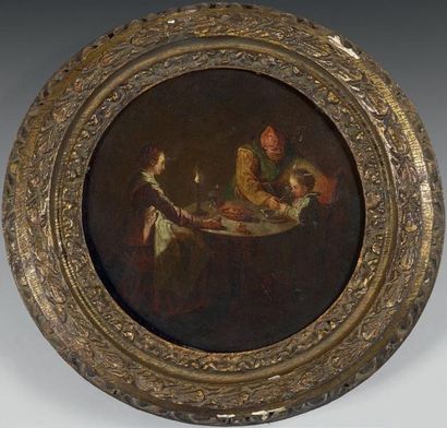 Attribué à Jean François DE TROY (1679 - 1752) 
Le Bénédicité
Panneau rond en hêtre
Diamètre:...