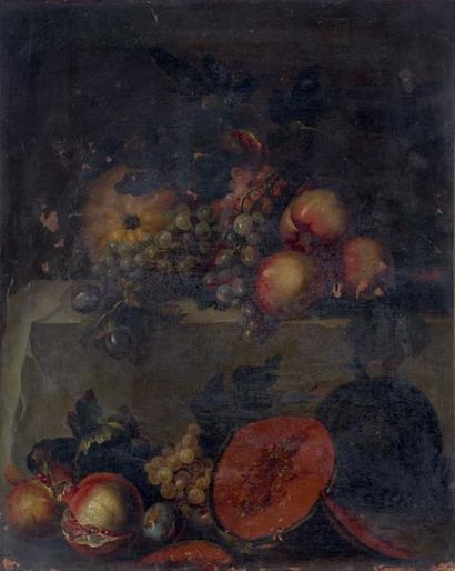 Ecole NAPOLITAINE vers 1720 
Fruits sur un entablement
Toile. Manques et accidents....