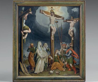 École ESPAGNOLE du XVIème siècle 
La Crucifixion
Panneau
123 x 104 cm
Provenance:
Chez...
