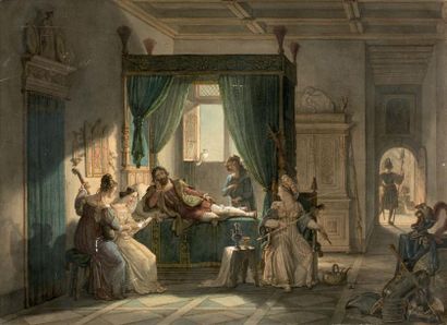 Pierre REVOIL (Lyon 1776- Paris 1842) 
La convalescence de Bayard
Aquarelle. Monogrammé...