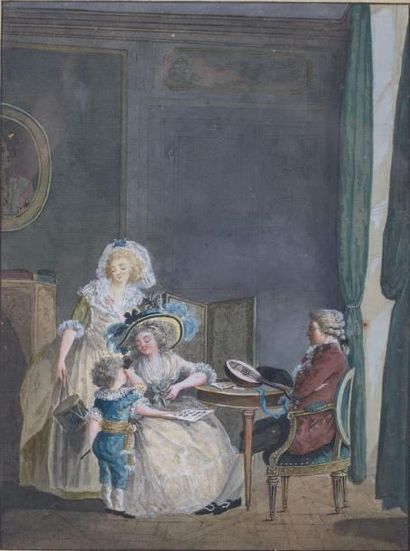 Ecole FRANCAISE du XVIIIème siècle, suiveur de Nicolas LAVREINCE 
La leçon de musique
Plume...