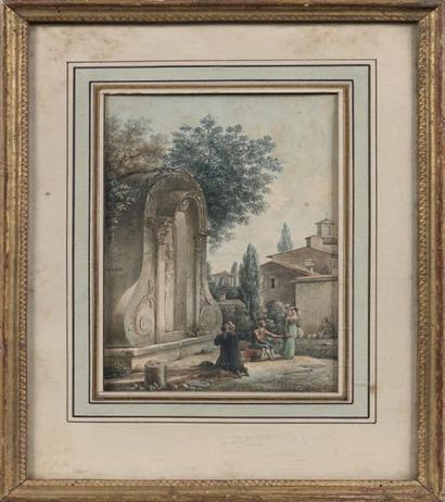 Victor Jean NICOLLE (Paris 1754 - 1826) 
Un petit oratoire romain Plume et encre...