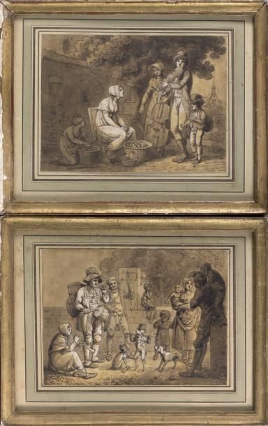Attribué à Johan Georg WILLE (1715 - 1808) 
Le montreur de singes savants
Les musiciens...