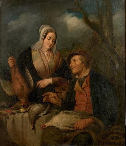 Ferdinand de BRAEKELEER (Anvers 1792 - 1883) 
La préparation du repas
Panneau d'acajou.
Signé...