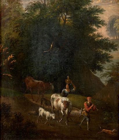 Ecole HOLLANDAISE du XVIIIème siècle 
Paysage au troupeau et aux bergers
Toile 37...