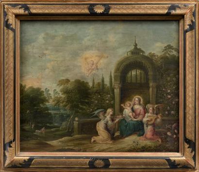 Pieter LISAERT (Anvers 1595 - 1629) 
Vierge à l'enfant entourée d'anges dans un paysage
Cuivre....