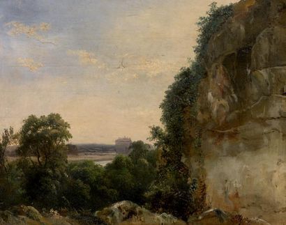 Attribué à Carl Peter HILLSTROM (1760 - 1812) 
Paysage avec un château Papier marouflé...