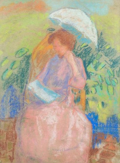 Jean PESKE (1870 - 1949) La lecture dans le jardin
Pastel sur papier
53 x 41 cm