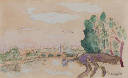Henri Charles MANGUIN (1874 - 1949) Paysage au pont
Aquarelle sur traits d'encre,...