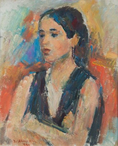 Ion MISCELEANU (1903 - 1997) Femme les bras croisés, 1991
Huile sur carton, signée...