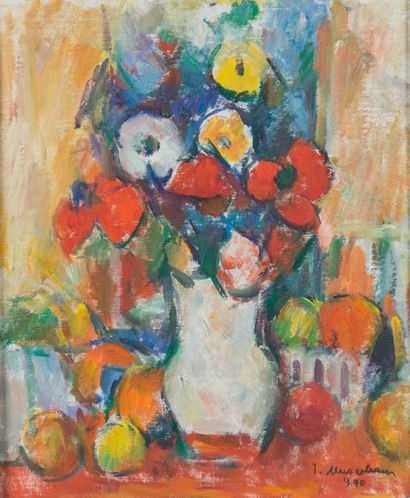 Ion MISCELEANU (1903 - 1997) Bouquet de fleurs aux fruits, 1990
Huile sur carton,...