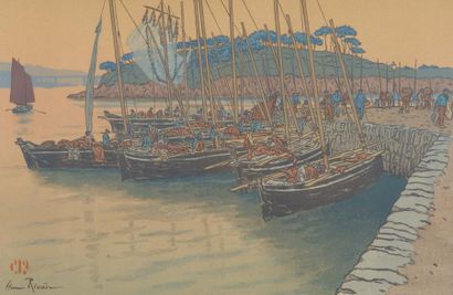 Henri RIVIERE (1864 - 1951) Arrivée de bateaux à Tréboul
Planche 9, série du beau...