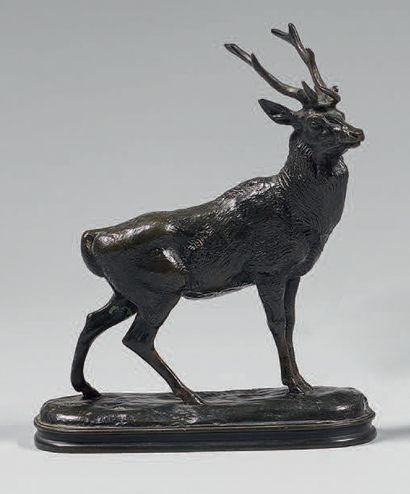 BARYE Antoine-Louis (1795 - 1875) Cerf à l'écoute
Épreuve en bronze à patine brune,...