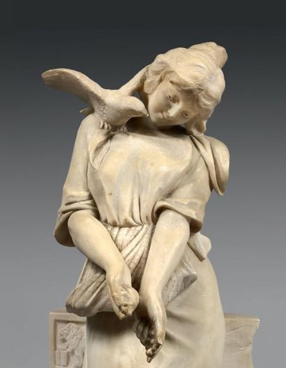 FIASCHI Emilio (1858 - 1941) Femme aux oiseaux
Sculpture en albâtre. (Petits éclats).
Signée.
Haut....