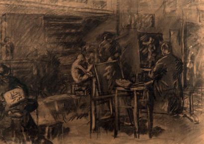 ECOLE FRANCAISE DU XIXème siècle Intérieur d'atelier, académie suisse (?)
Fusain...