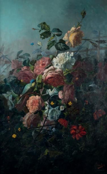 Pierre Camille GONTIER (1840 - ?) Fleurs, oiseaux et insectes
Huile sur toile, signée...
