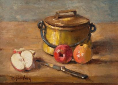 René-Louis CHRÉTIEN (1867 - 1942) Nature morte aux pommes et chaudron
Huile sur toile,...