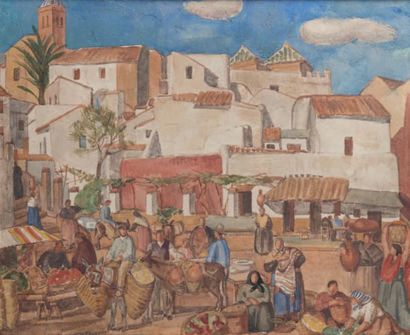 Odette PAUVERT-TISSIER (1903 - 1966) Scène de marché en Espagne
Huile sur panneau,...