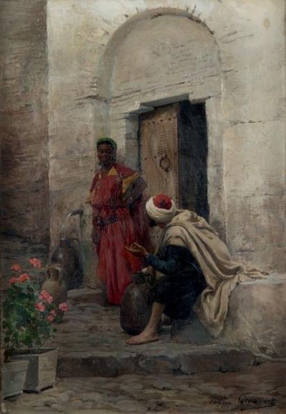 Eugène GIRARDET (1853 - 1907) Couple oriental au seuil de la porte
Huile sur toile,...