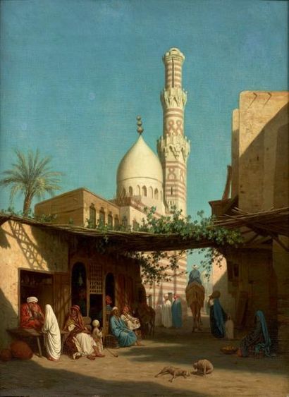 Louis Émile PINEL de GRANDCHAMP (1831 - 1894) Une rue au Caire, le minaret
Huile...
