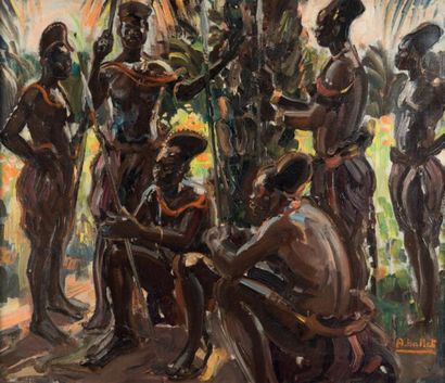 André HALLET (1890 - 1959) Groupe de Kutus à Bomputu-Équateur, Congo
Huile sur toile,...