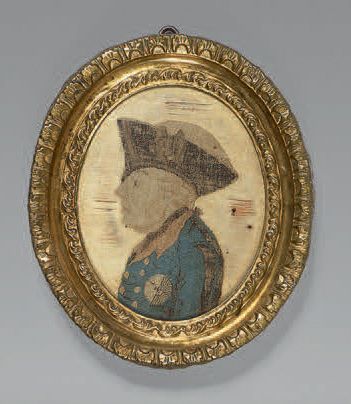 null Miniature ovale, broderie sur soie: Portrait de Frédéric II de Prusse (1712/1784);...