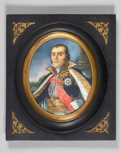 null Grande miniature ovale sur ivoire: Portrait présumé du maréchal Brune en grande...