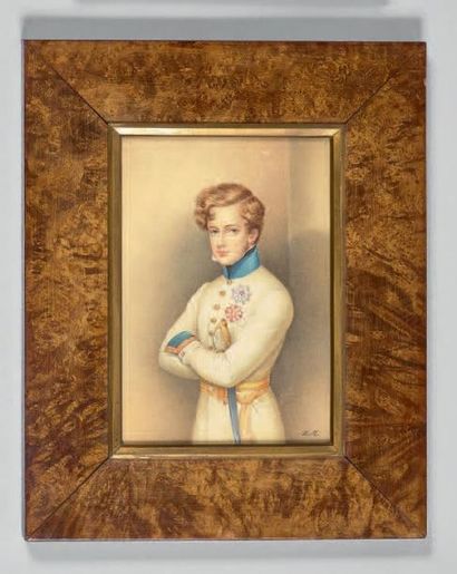 null Grande miniature rectangulaire sur ivoire, signée: “D. M”: Portrait du Duc de...